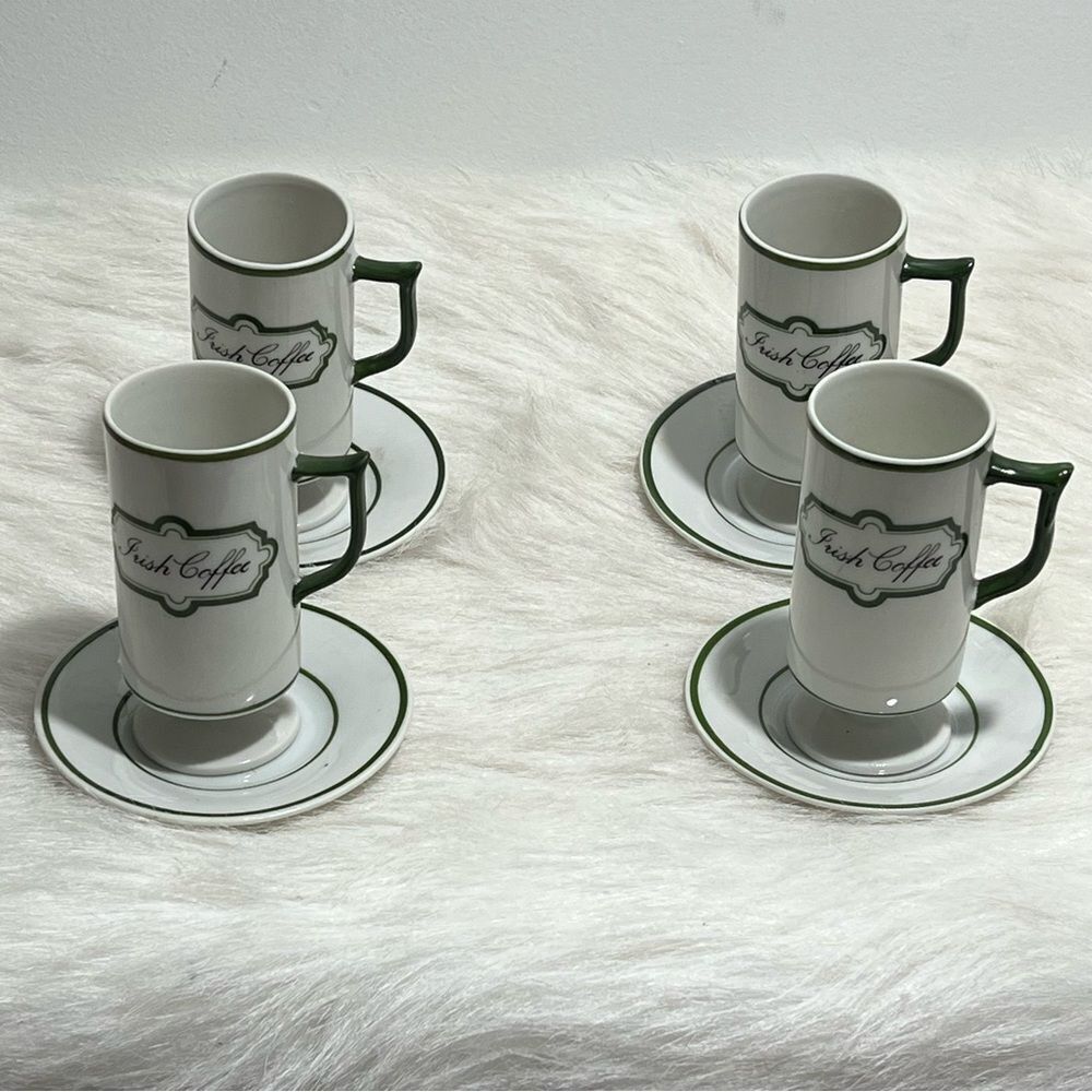 Vintage Knobler Japan White & Green Irish Coffee Mug/Saucer -- Set‎ of 4 - Picture 3 of 9
